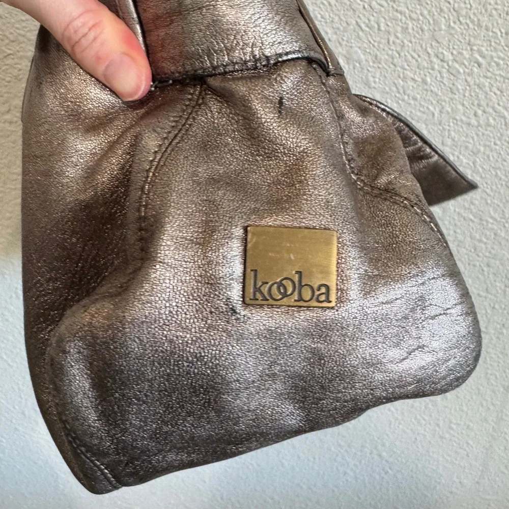 Kooba Metallic‎ Pewter Leather Bow Shoulder Bag Hobo Brass Hardware Vintage Y2K